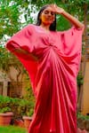 Buy_OMANA BY RANJANA BOTHRA_Coral Satin Hand Embroidered Sequin Work V Neck Knotty Cowl Draped Kaftan _Online_at_Aza_Fashions