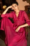 Deep Thee_Pink Chanderi Embroidery Dotted Line V Neck Gathered Kurta And Pant Set _Online_at_Aza_Fashions