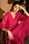 Buy_Deep Thee_Pink Chanderi Embroidery Dotted Line V Neck Gathered Kurta And Pant Set _Online_at_Aza_Fashions