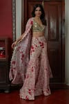 Shop_Arpita Mehta_Red Georgette Embroidered Floral V Neck Pattern Cape And Gharara Set _Online_at_Aza_Fashions