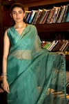 Deep Thee_Blue Organza Embroidery Dot Stripe V Neck Saree With Blouse _Online_at_Aza_Fashions