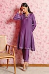 Dohr India_Purple Silk, Chanderi, Organza Embroidery Round Neck Fiza A-line Kurta Pant Set _Online_at_Aza_Fashions