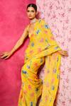 Dohr India_Yellow Saree Organza Printed Garden Pre-draped  _Online_at_Aza_Fashions