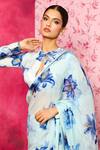 Dohr India_Blue Saree Organza Printed Blossom With Unstitched Blouse Piece _Online_at_Aza_Fashions