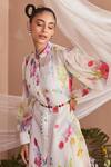 Buy White Dress Organza Printed Botanical Mandarin Collar With Belt