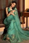 Buy_Deep Thee_Blue Organza Embroidery Dot Stripe V Neck Saree With Blouse _Online_at_Aza_Fashions