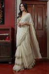 Buy_Arpita Mehta_Off White Georgette Embroidery Mirror And Aari Tiered Pre-draped Saree With Blouse_Online_at_Aza_Fashions