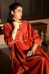 Deep Thee_Orange Chanderi Embroidery Dotted Line Notched Resham Kaftan _Online_at_Aza_Fashions