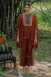 Pooja-Keyur_Brown Cotton Silk Embroidered Aari Round Floral Print Short Kaftan And Pant Set _Online_at_Aza_Fashions