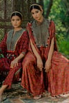 Pooja-Keyur_Brown Cotton Satin Embroidered Aari High Neck Floral Print Kaftan And Pant Set _Online_at_Aza_Fashions