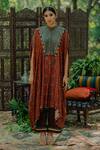 Buy_Pooja-Keyur_Brown Cotton Satin Embroidered Aari High Neck Floral Print Kaftan And Pant Set _Online_at_Aza_Fashions