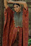 Shop_Pooja-Keyur_Brown Cotton Satin Embroidered Aari High Neck Floral Print Kaftan And Pant Set _Online_at_Aza_Fashions