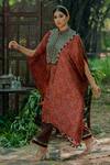 Pooja-Keyur_Brown Cotton Satin Embroidered Aari High Neck Floral Print Kaftan And Pant Set _at_Aza_Fashions