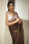 Buy_Peeli Dori_Brown Silk Organza Embroidered Zari Round Thread Saree Set _Online_at_Aza_Fashions