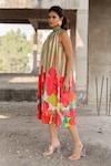 Buy_Pooja-Keyur_Multi Color Voil Silk Print Stripe Round Collar And Floral Dress _Online_at_Aza_Fashions