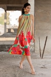 Shop_Pooja-Keyur_Multi Color Voil Silk Print Stripe Round Collar And Floral Dress _Online_at_Aza_Fashions