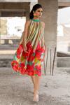 Pooja-Keyur_Multi Color Voil Silk Print Stripe Round Collar And Floral Dress _at_Aza_Fashions