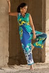 Buy_Pooja-Keyur_Blue Cotton Satin Print Paradise V Neck Abstract Jumpsuit  _Online_at_Aza_Fashions