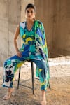 Pooja-Keyur_Blue Cotton Satin Print Paradise V Neck Abstract Jumpsuit  _at_Aza_Fashions