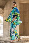 Pooja-Keyur_Blue Glass Organza Print Paradise Collared Abstract Overlay Jacket  _at_Aza_Fashions