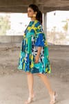 Pooja-Keyur_Blue Cotton Satin Print Paradise Notched Neck Dress  _Online_at_Aza_Fashions