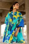 Shop_Pooja-Keyur_Blue Cotton Satin Print Paradise Notched Neck Dress  _Online_at_Aza_Fashions