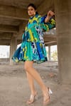 Pooja-Keyur_Blue Cotton Satin Print Paradise Notched Neck Dress  _at_Aza_Fashions