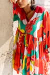 Shop_Pooja-Keyur_Multi Cotton Satin Print Splash V Neck Abstract Dress  _Online_at_Aza_Fashions