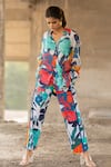 Pooja-Keyur_Blue Shirt Voil Silk Print Paradise Floral Collared Neck With Pant _at_Aza_Fashions