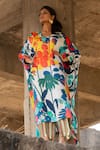 Buy_Pooja-Keyur_Blue Kaftan Satin Bomber Print Paradise Floral V Neck With Pant  _Online_at_Aza_Fashions