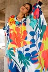 Pooja-Keyur_Blue Kaftan Satin Bomber Print Paradise Floral V Neck With Pant  _at_Aza_Fashions