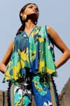 Pooja-Keyur_Blue Shirt Voil Silk Print Paradise Floral V Neck Top With Pant _Online_at_Aza_Fashions