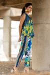 Shop_Pooja-Keyur_Blue Shirt Voil Silk Print Paradise Floral V Neck Top With Pant _Online_at_Aza_Fashions