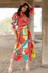 Pooja-Keyur_Multi Cotton Satin Print Splash Abstract Trench Dress  _Online_at_Aza_Fashions