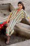 Pooja-Keyur_Green Cotton Satin Print Stripe Collared Pattern Shirt Tunic With Pant  _at_Aza_Fashions