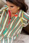 Buy_Pooja-Keyur_Green Cotton Satin Print Stripe Collared Pattern Shirt Tunic With Pant  