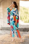 Buy_Pooja-Keyur_Multi Color Kaftan Satin Bomber Print Paradise Floral V Neck With Pant _Online_at_Aza_Fashions