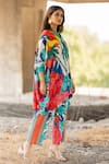 Shop_Pooja-Keyur_Multi Color Kaftan Satin Bomber Print Paradise Floral V Neck With Pant _Online_at_Aza_Fashions