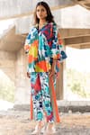 Buy_Pooja-Keyur_Blue Cotton Satin Print Paradise Floral Spread Balloon Sleeve Shirt With Pant _Online_at_Aza_Fashions