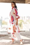 Pooja-Keyur_White Satin Bomber Print Eagle High Neck Collar Bloom Kurta With Pant  _Online_at_Aza_Fashions