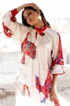 Buy_Pooja-Keyur_White Satin Bomber Print Eagle High Neck Collar Bloom Kurta With Pant  _Online_at_Aza_Fashions