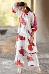 Pooja-Keyur_White Satin Bomber Print Eagle High Neck Collar Bloom Kurta With Pant  _at_Aza_Fashions