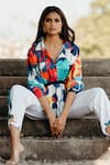 Pooja-Keyur_Blue Shirt Satin Bomber Print Paradise Collared Neck With Pant _Online_at_Aza_Fashions