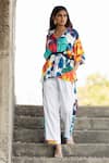 Buy_Pooja-Keyur_Blue Shirt Satin Bomber Print Paradise Collared Neck With Pant _Online_at_Aza_Fashions