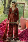 Pooja-Keyur_Brown Velvet Embroidered Aari V Neck Short Kurta And Pant Set  _Online_at_Aza_Fashions