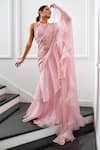 AMRTA by GUNEET KONDAL_Pink Shell  100% Organza And Chiffon Hand Pre-draped Ruffle Saree With Blouse _Online_at_Aza_Fashions