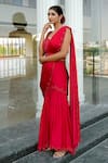 Gul By Aishwarya_Red Satin Silk Hand Embroidered Fish-cut Lehenga Saree And Blouse Set  _Online_at_Aza_Fashions