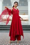 Gul By Aishwarya_Red Satin Silk Hand Embroidered Cutdana Leaf Neck Anarkali Palazzo Set _Online_at_Aza_Fashions
