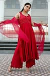 Buy_Gul By Aishwarya_Red Satin Silk Hand Embroidered Cutdana Leaf Neck Anarkali Palazzo Set _Online_at_Aza_Fashions