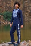 Dash And Dot_Blue 2% Lycra, 35% Viscose, 63% Polyester Geometric Pattern Jacquard Pant Set _Online_at_Aza_Fashions